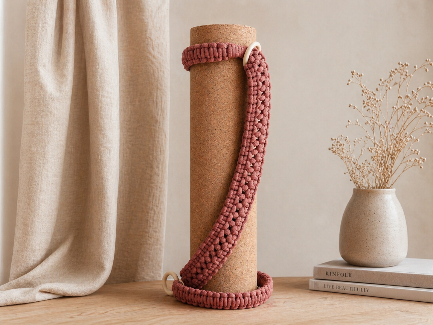 kalarthe. setu yoga mat strap in sunset on cork yoga mat — japandi styling