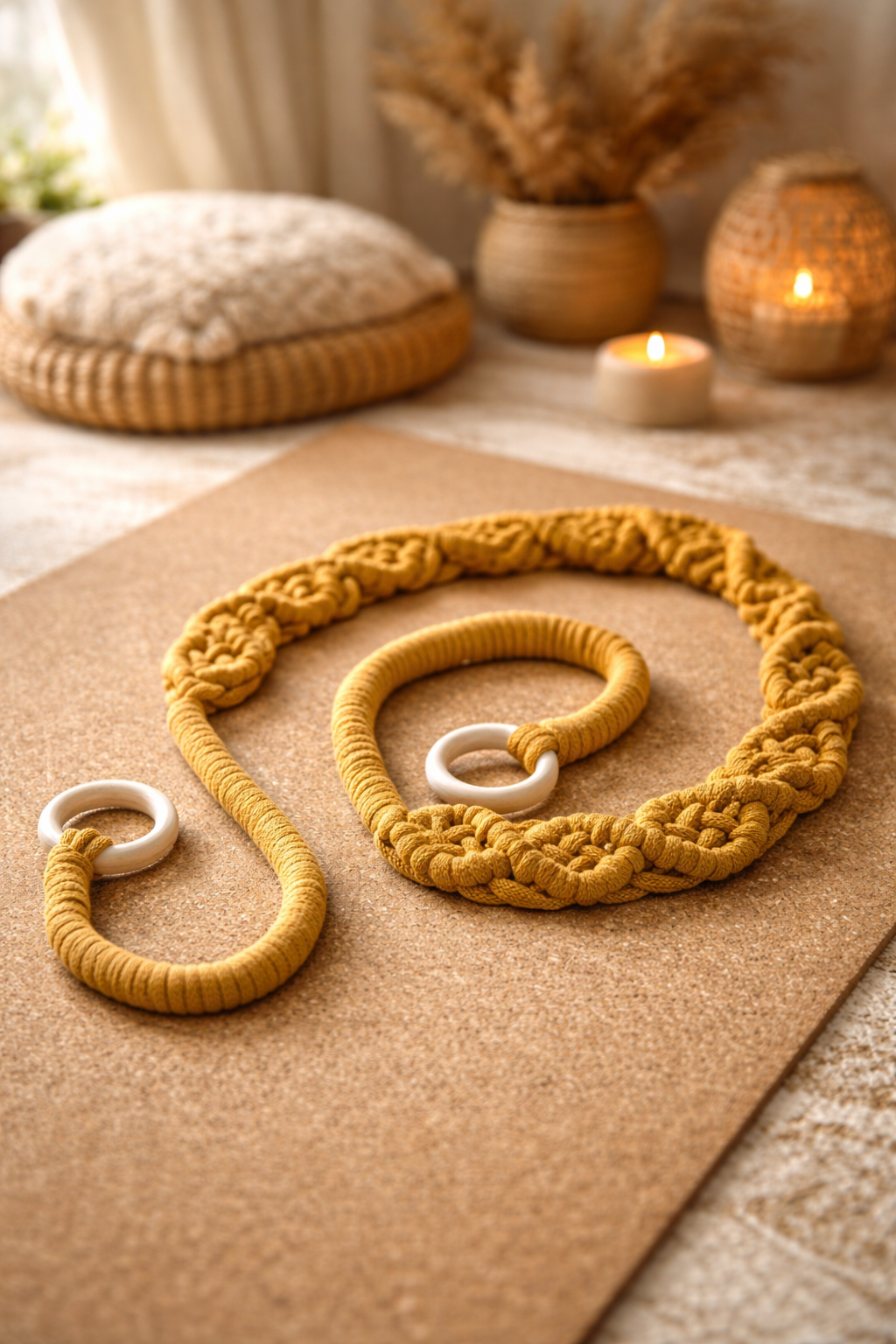 karma. hand-braided yoga and pilates mat strap on cork mat — lifestyle — kalarthe.