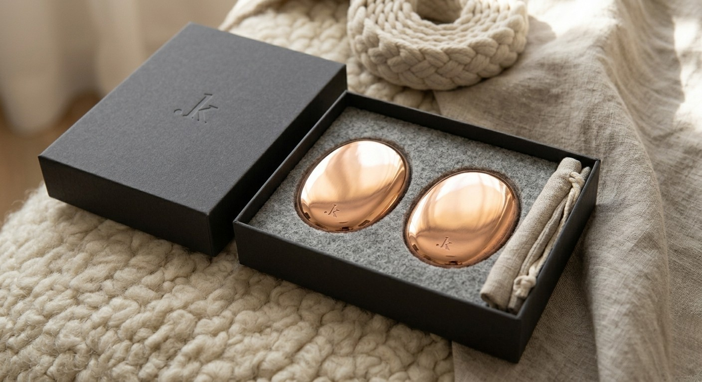 Somatic Anchors by kalarthe. — solid copper meditation weights in packaging, gift-ready
