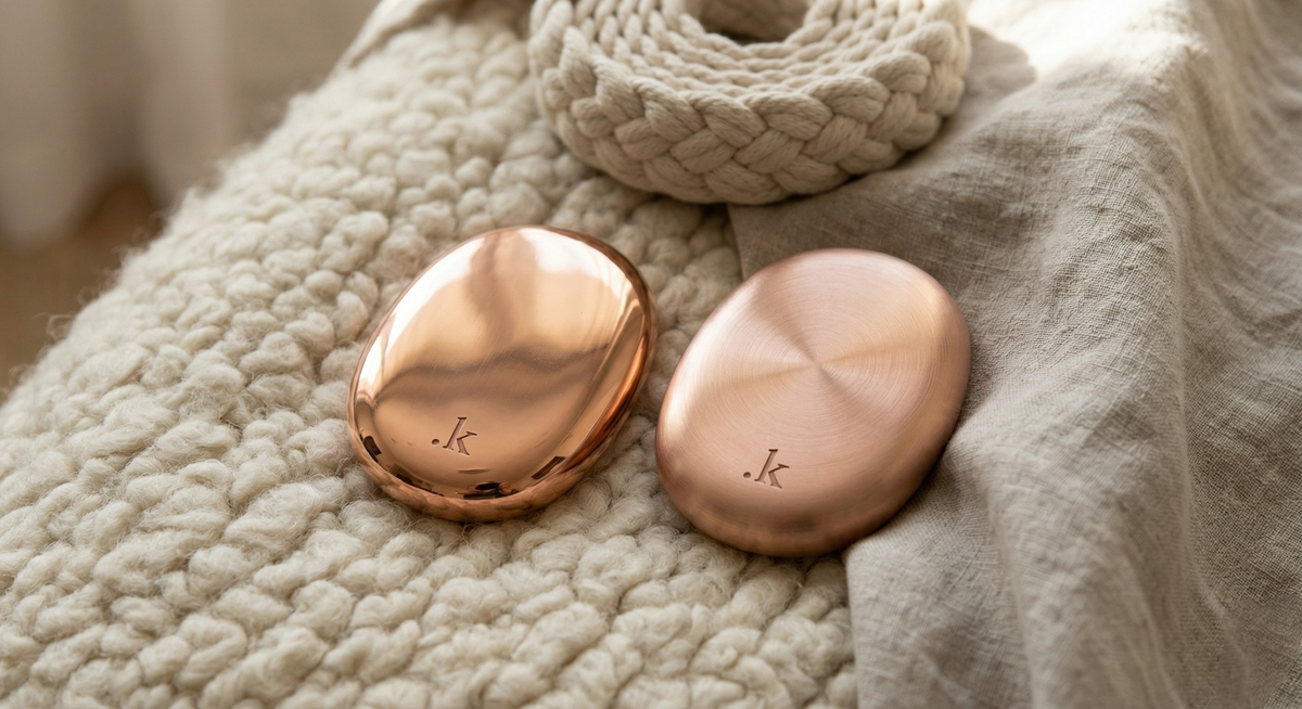 Somatic Anchors — two solid copper weights by kalarthe., resting on natural textile