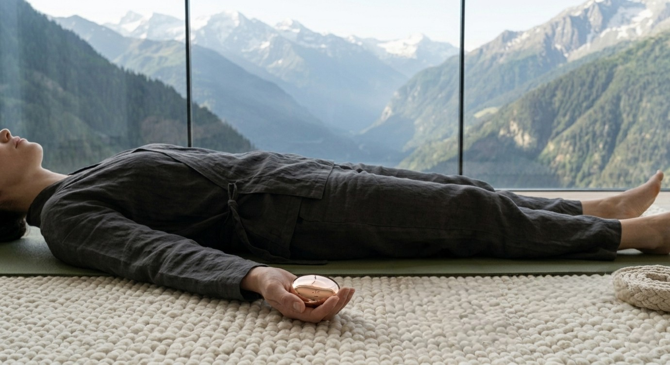 Somatic Anchors — copper grounding weights placed in hands during savasana practice