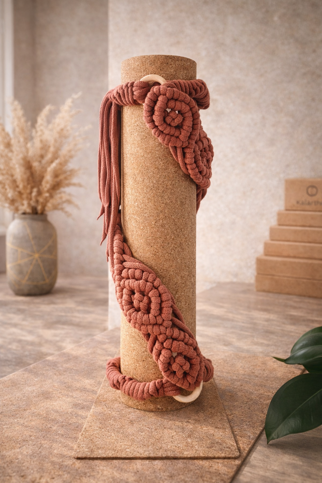 bandha. wide yoga and pilates mat strap — product detail on the cork mat — organic cotton — kalarthe.