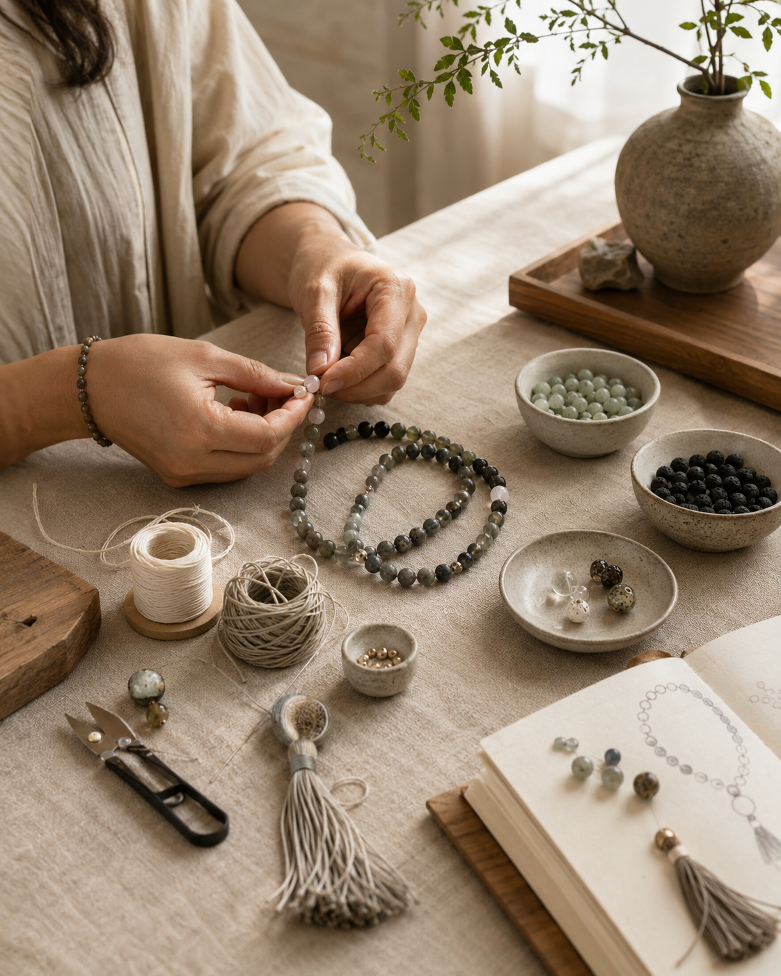making mala with hands, natural materials, gemstones, theads