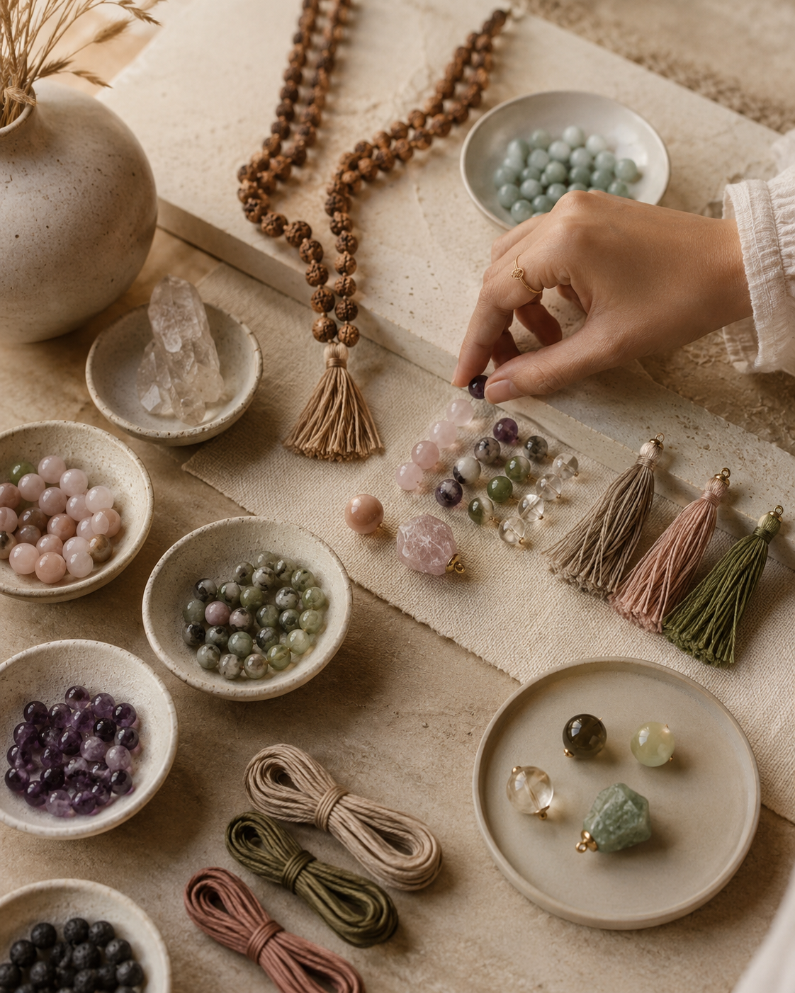 a varity of materials gemstones, threads dor mala