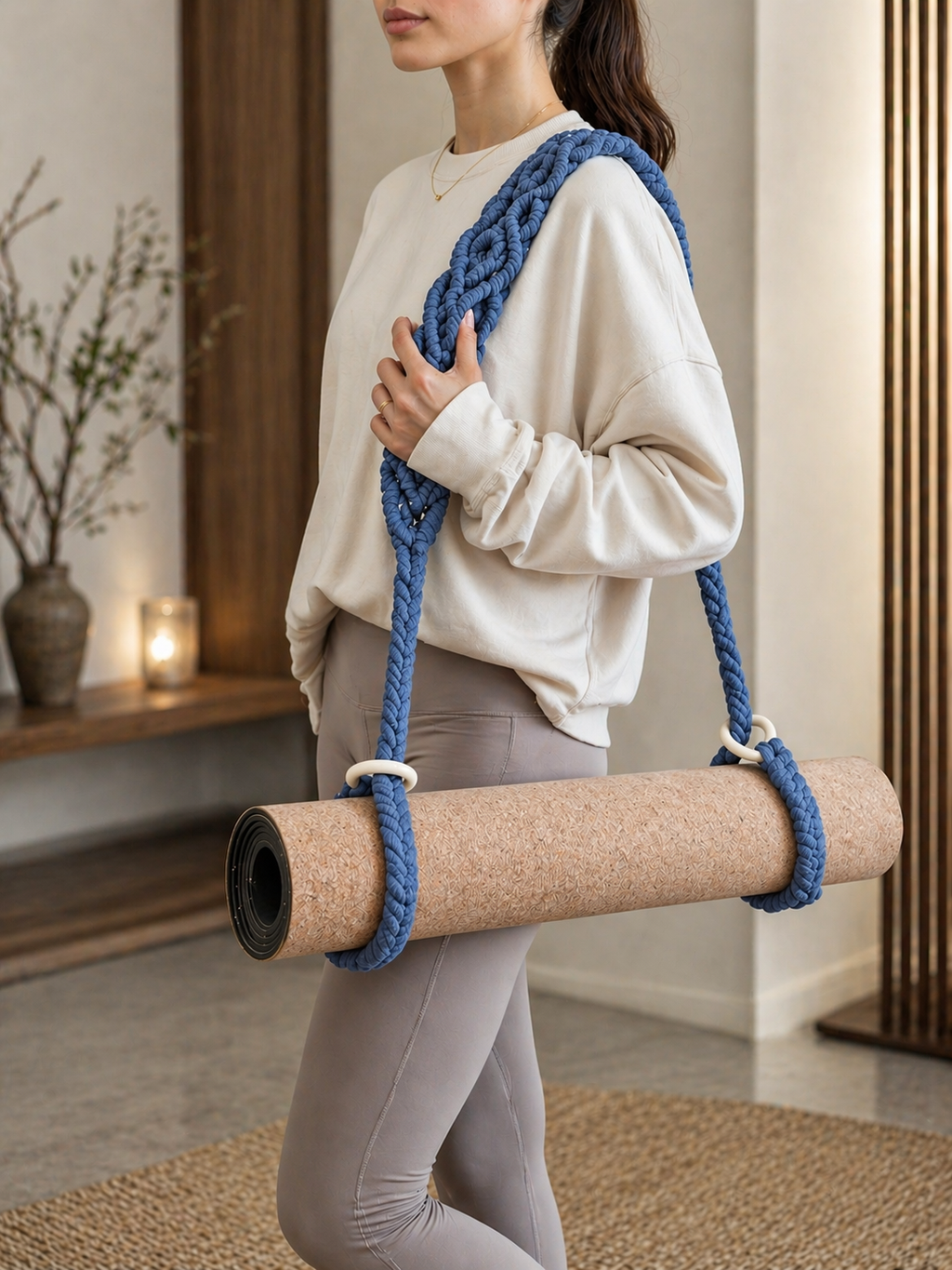 dhara. yoga mat carrier strap styled with rolled mat