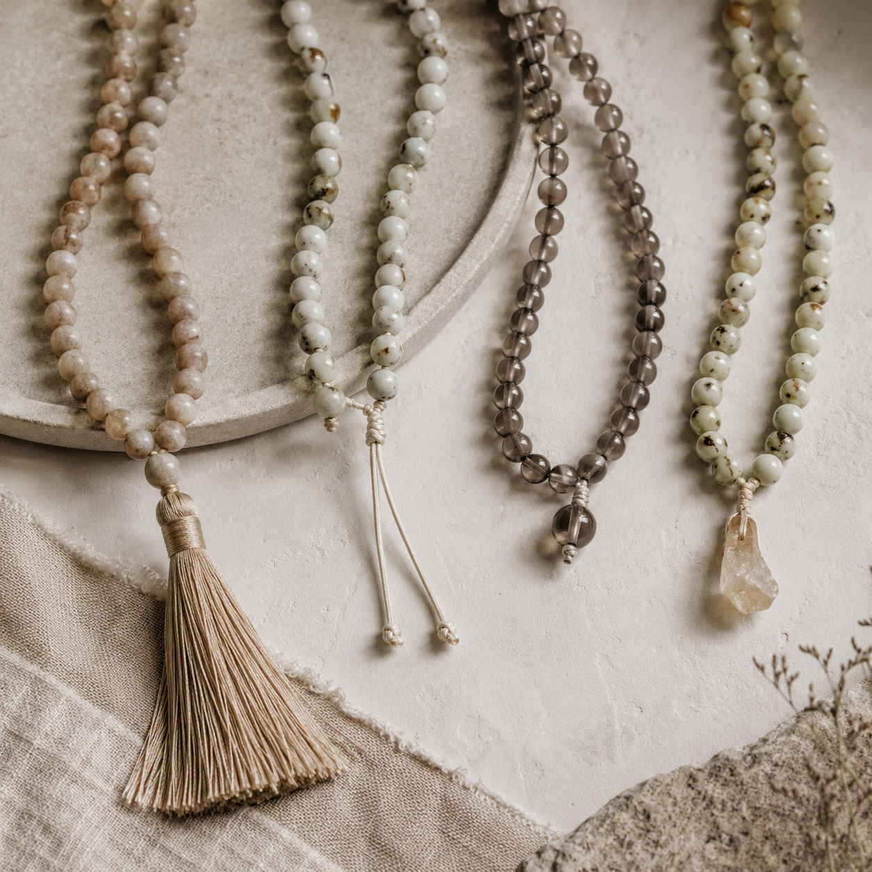 mala beads displaying different guru bead finishes — kalarthe mala collection