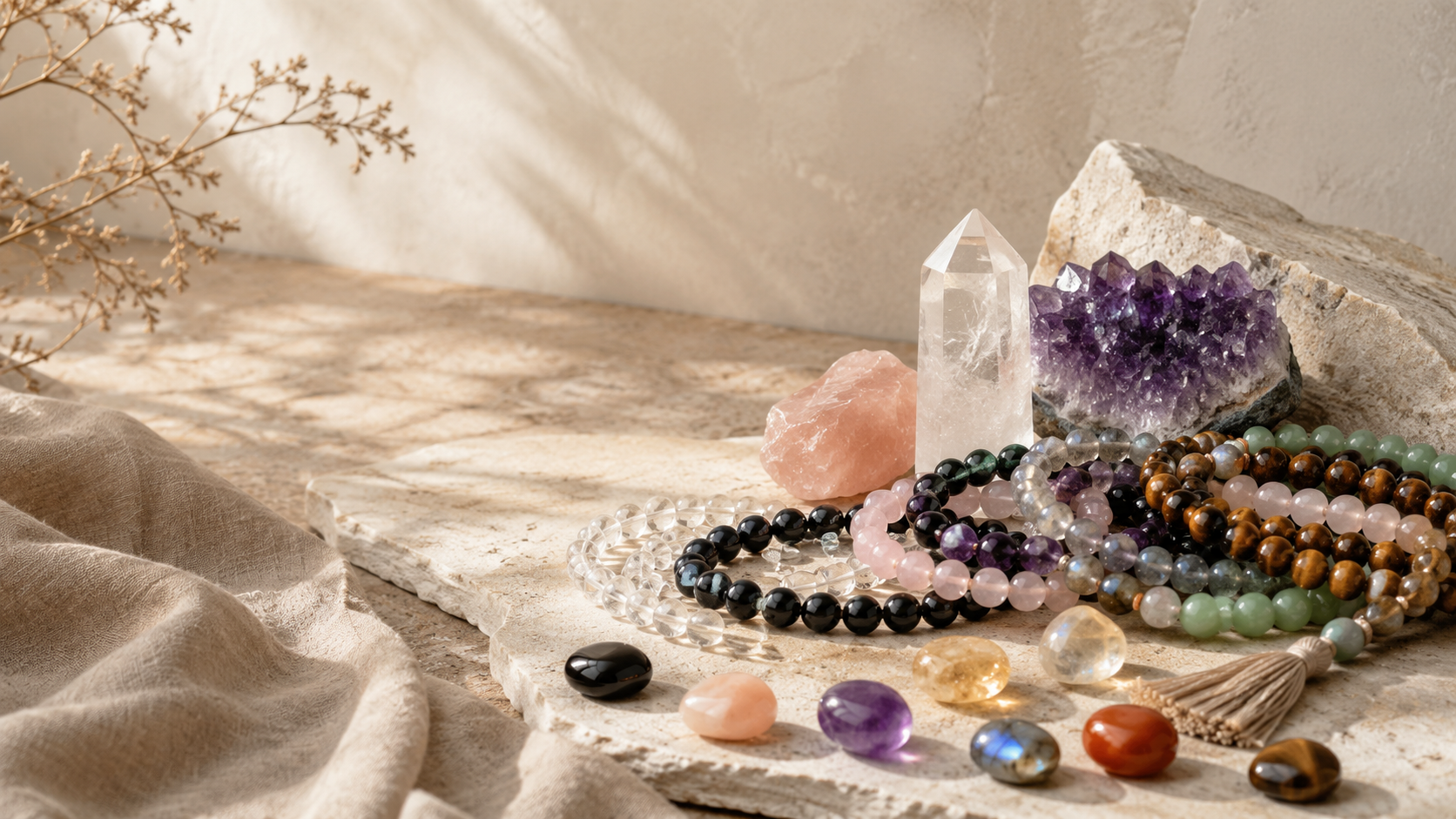 gemstone collection showcasing minerals precious and semiprecious stones labradorite, amethyst, onyx, tiger eye