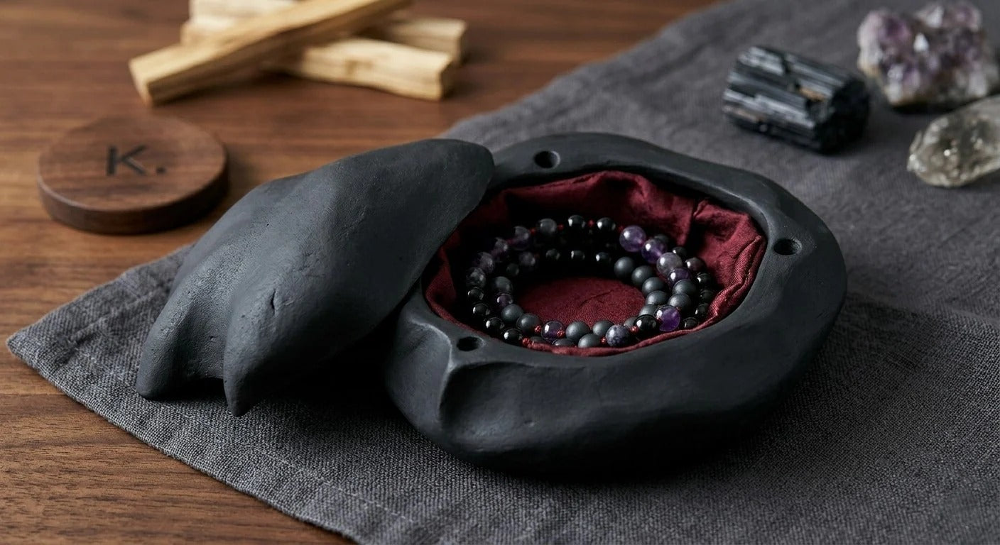 mala in the black stone handmade box