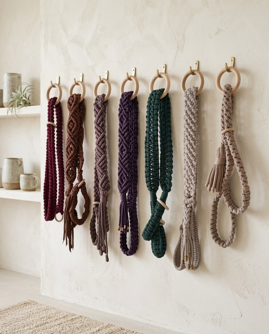 selection of kalarthe yoga mat straps hanging on a wall