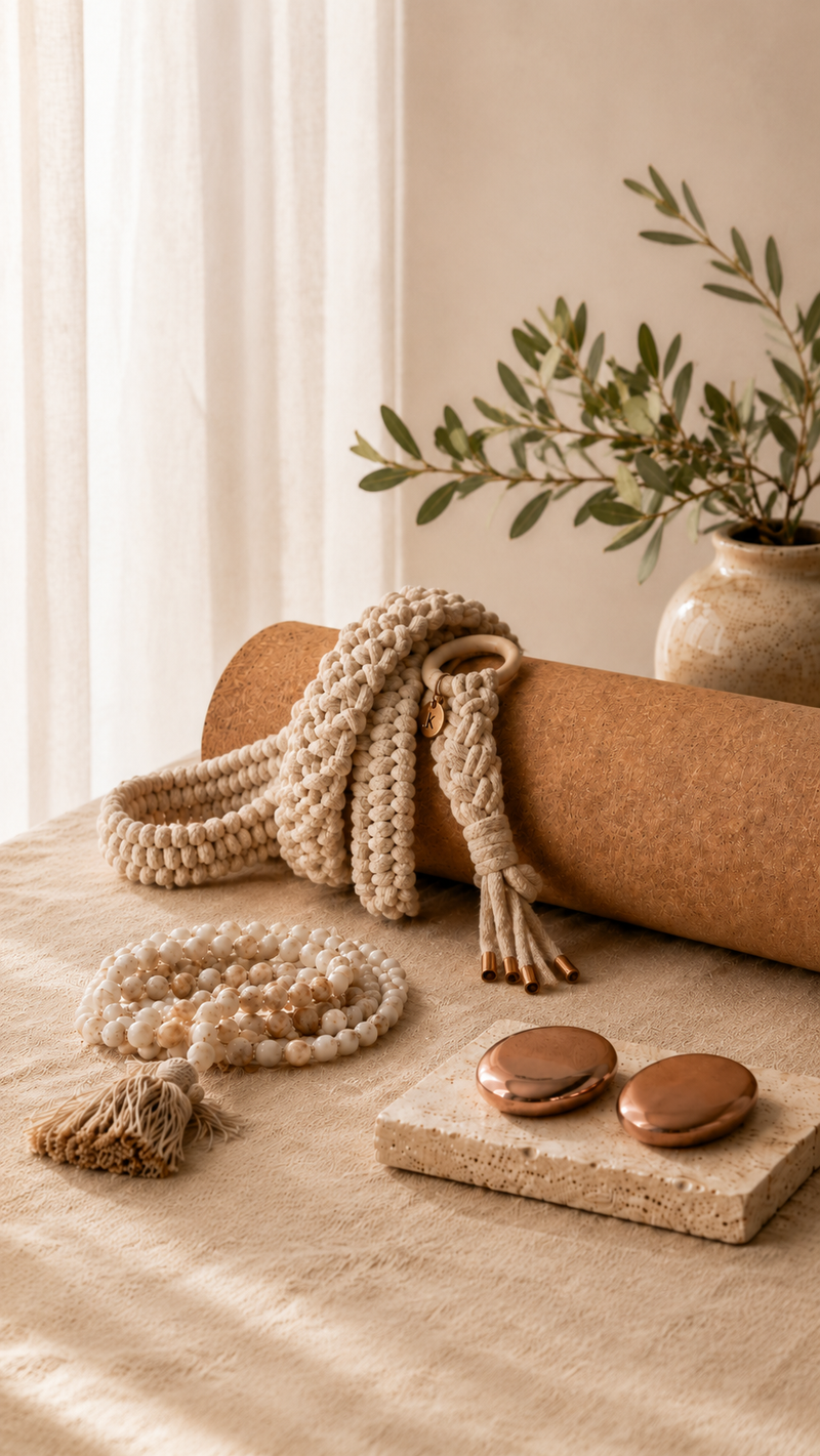 kalarthe collection flatlay — yoga mat, himah mat strap, mala beads and somatic anchors
