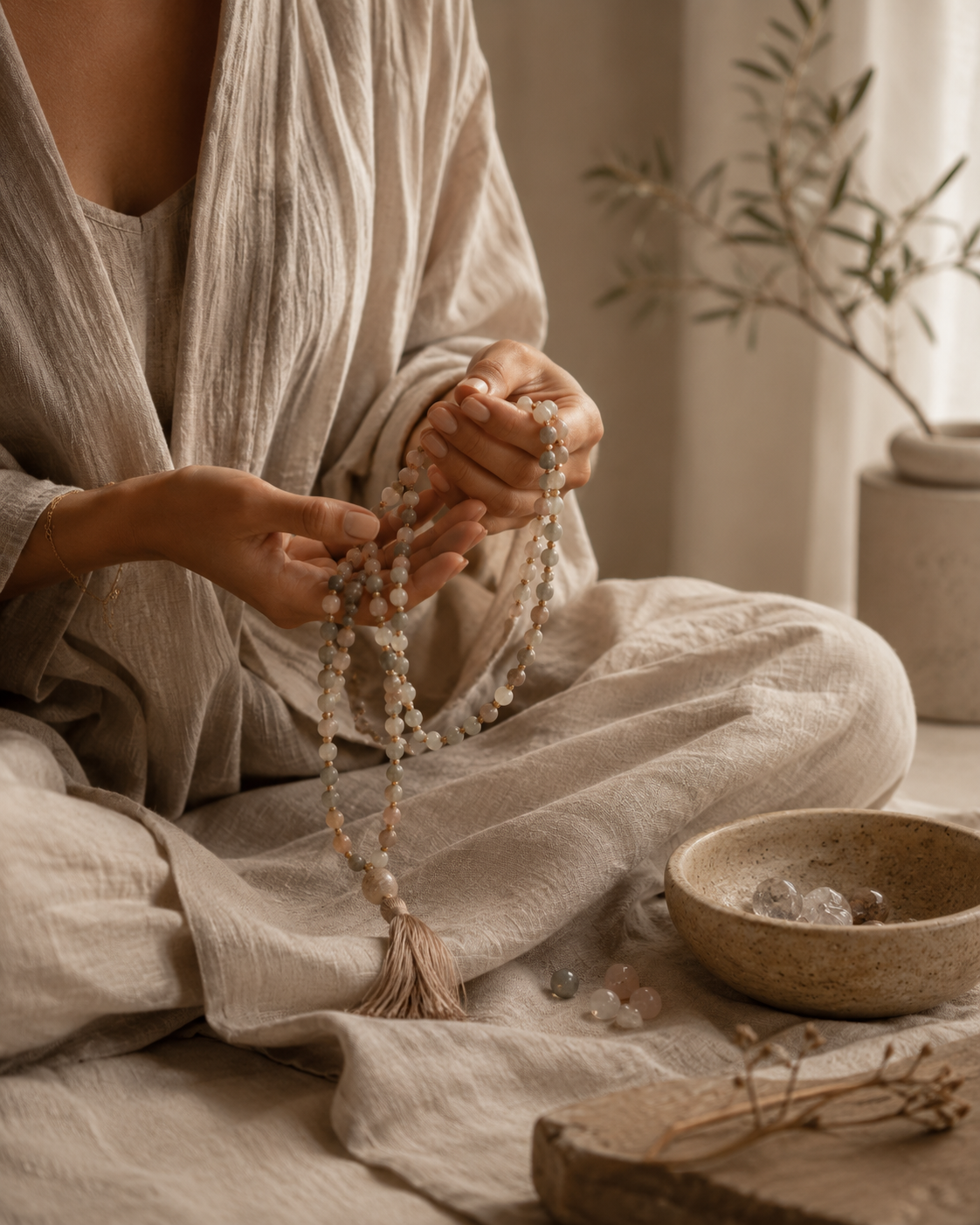 person holding mala beads, natural gemstone