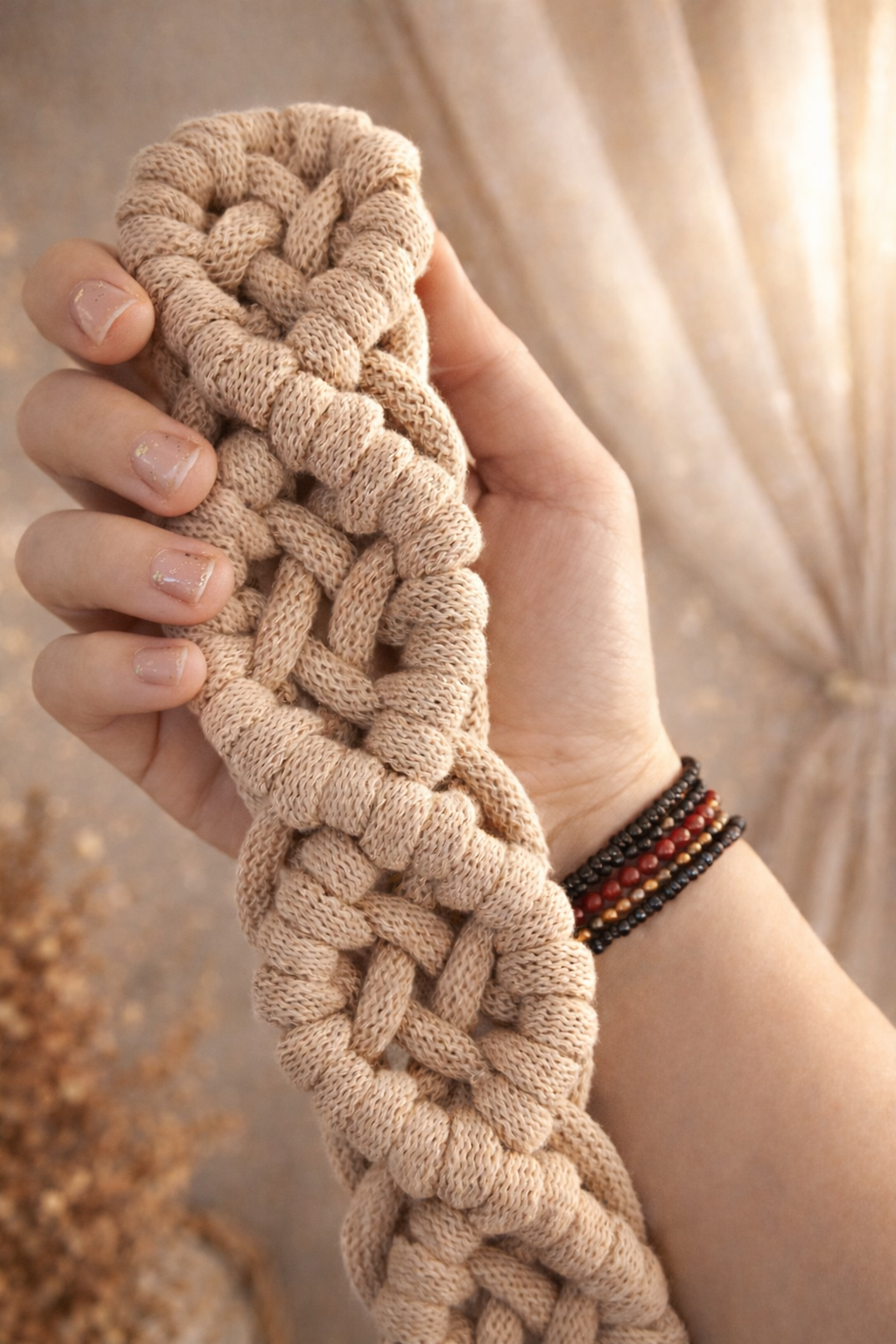 karma. pilates mat strap in hands — close-up detail — organic cotton — kalarthe.
