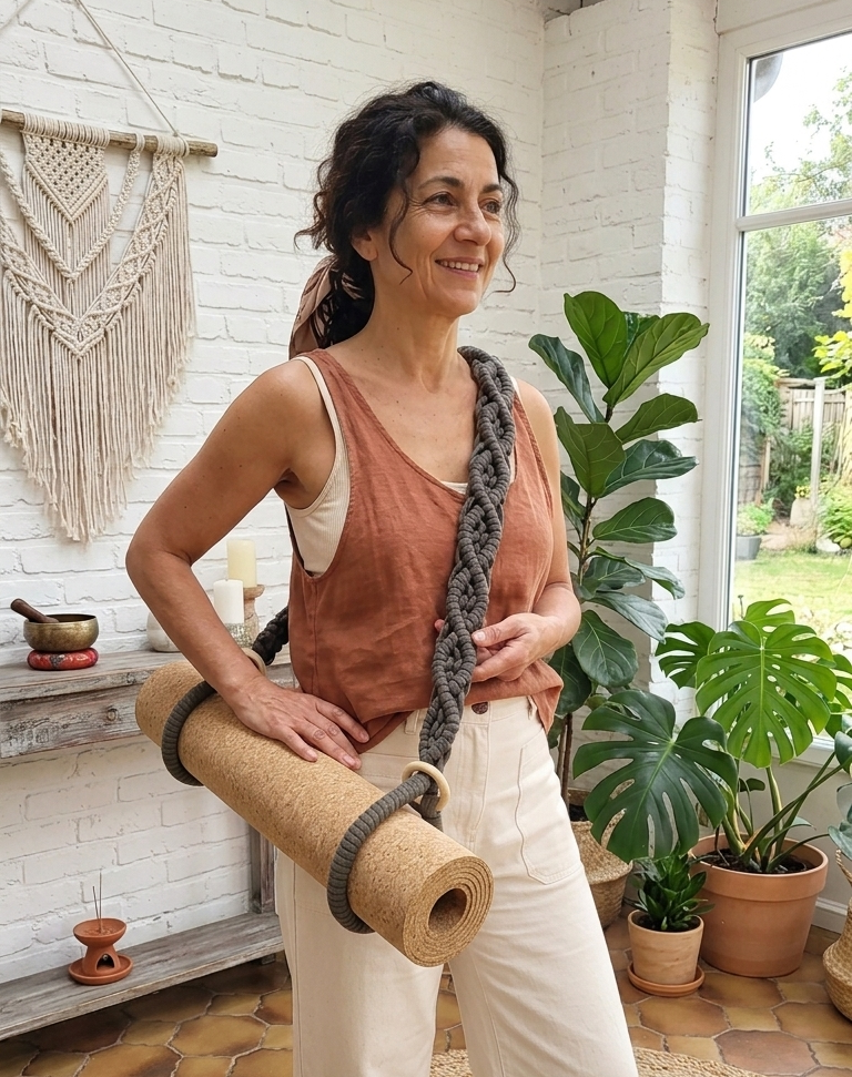 karma. pilates mat strap in avocado — woman crossbody carry — lifestyle — kalarthe.