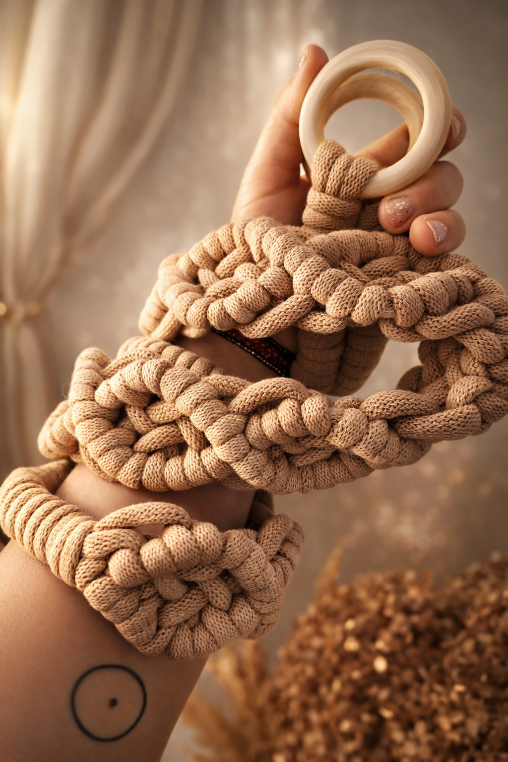 karma. yoga mat strap wrapped around wrist — hand-braided organic cotton detail — kalarthe.