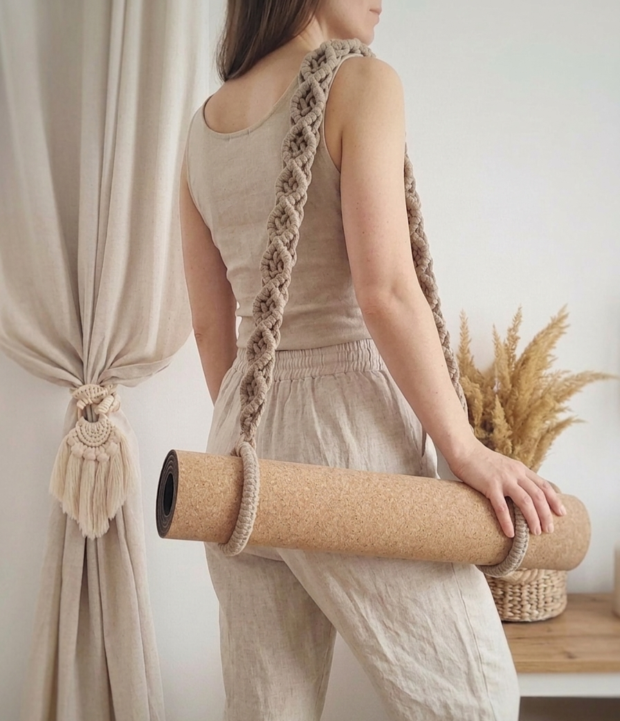 karma. pilates mat strap in pearl — woman one arm carry — kalarthe.