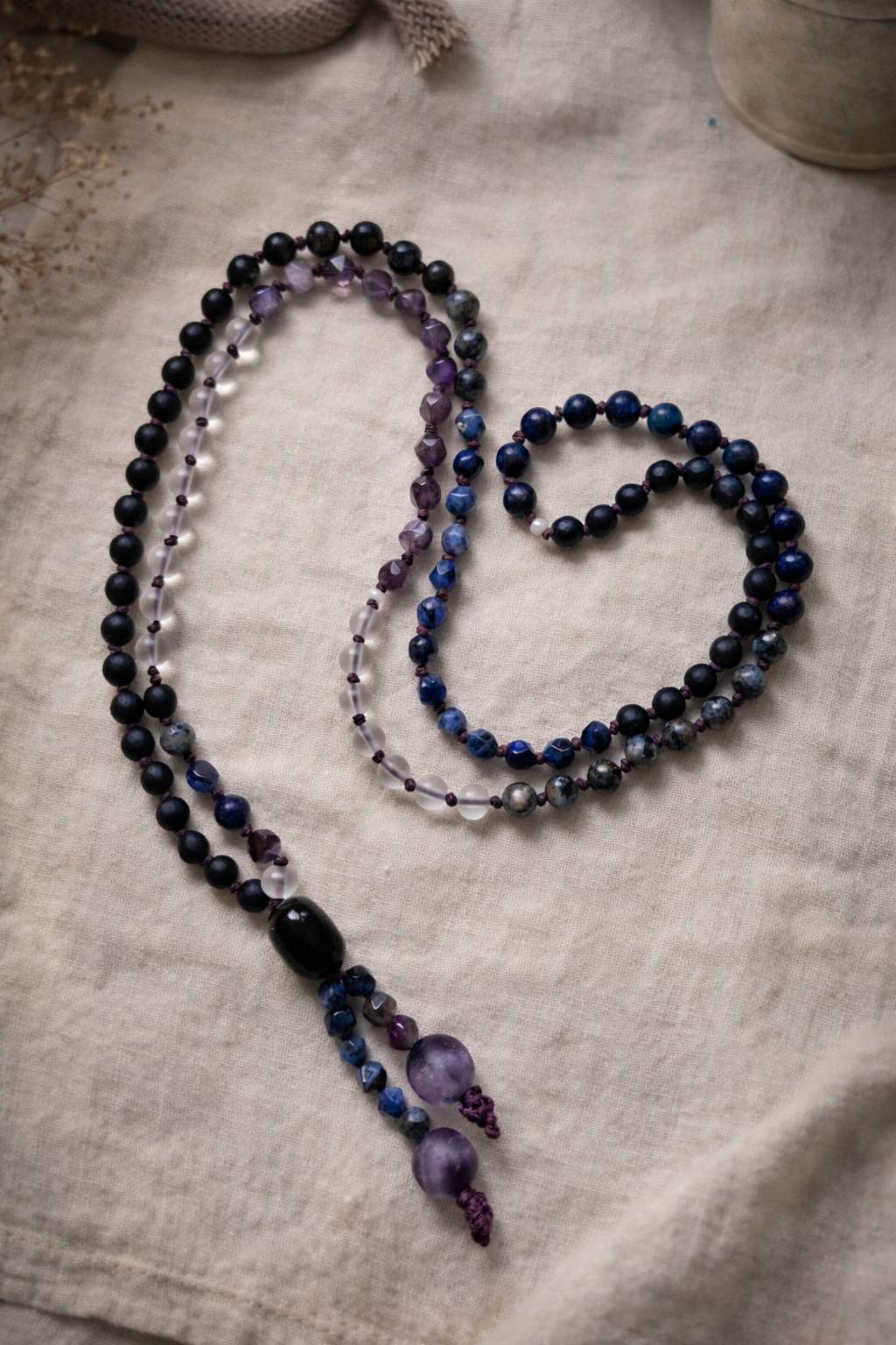 threshold mala — full 108-bead composition with onyx, labradorite and amethyst
