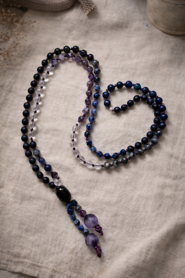 threshold mala — full 108-bead composition with onyx, labradorite and amethyst