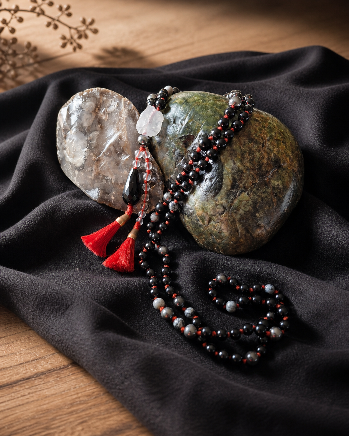 nocturne mala – close-up of obsidian, hematite and tourmaline beads with copper fittings