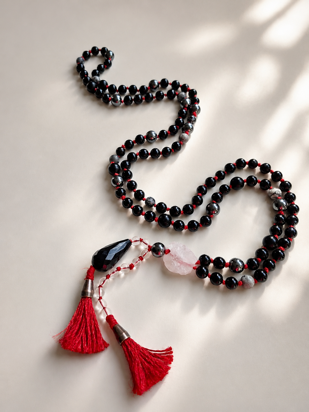 nocturne mala – meditation mala with grey jade and black natural stone beads on neut