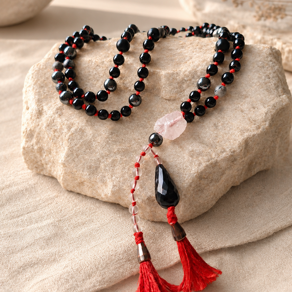 nocturne mala – detail of red tassel and faceted obsidian teardrop pendant