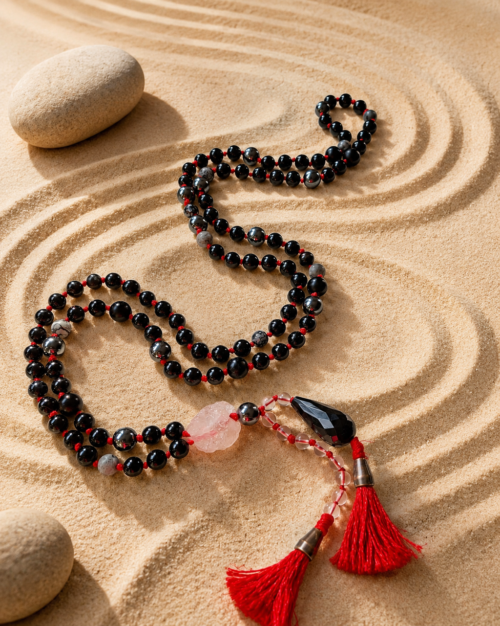 nocturne mala – 108-bead gemstone meditation mala with obsidian, tourmaline and red tassel, laid on sand