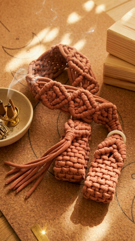 surya. wide yoga mat strap detail — hand-knotted organic cotton weave — kalarthe.