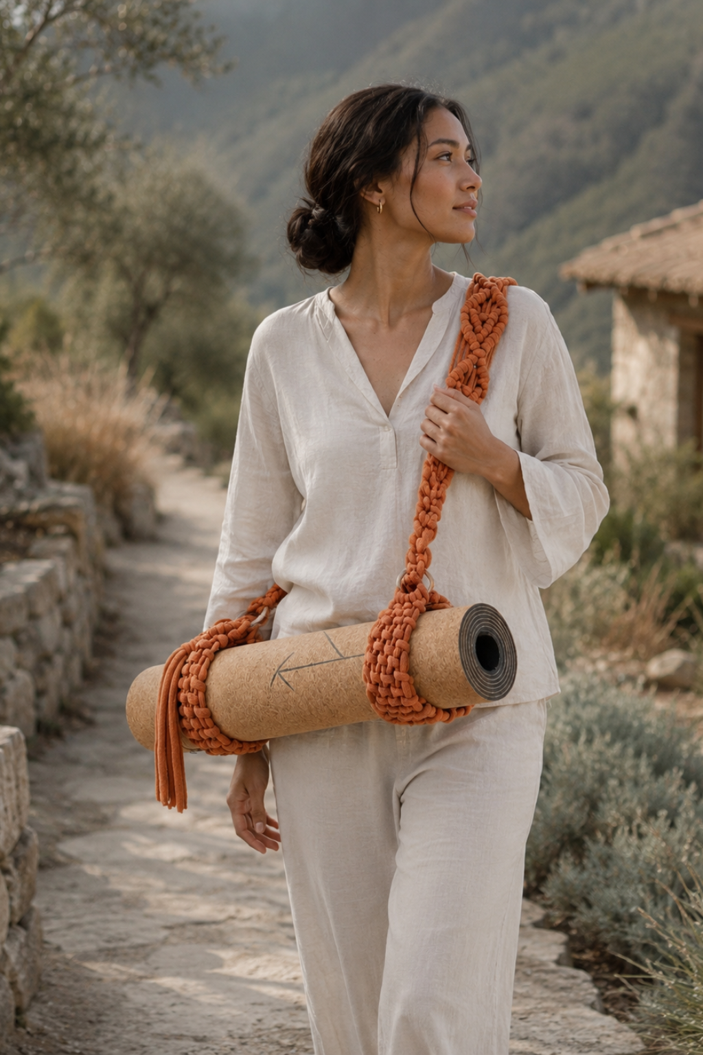 woman carrying a yoga mat with surya handbraided mat strap over her shoulder