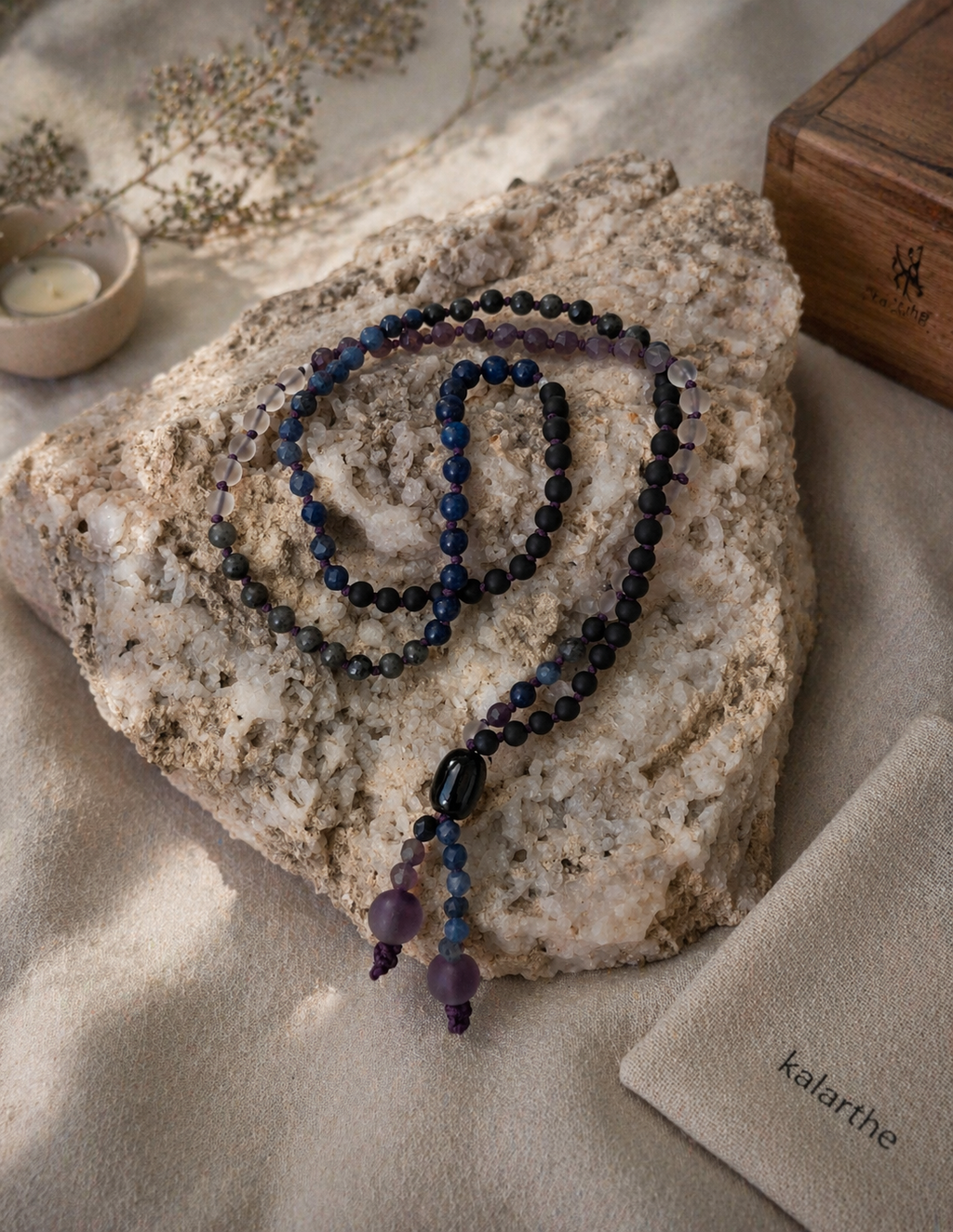 threshold mala — detail of hand-finished double ending with amethyst and sodalite beads