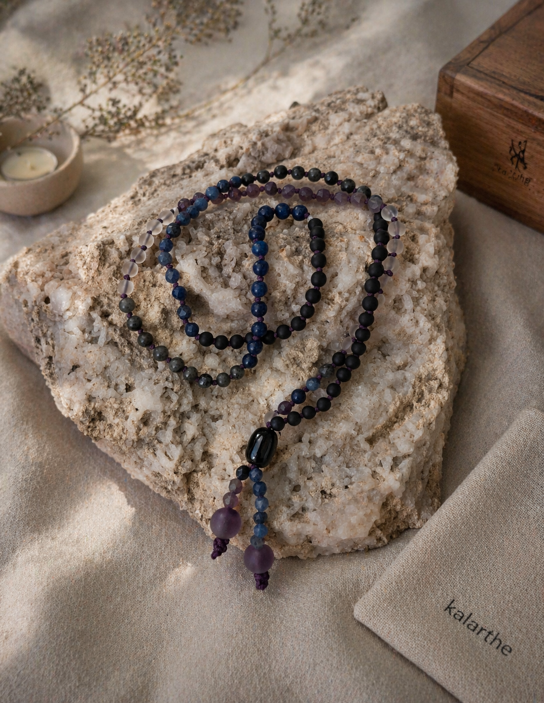 threshold mala — detail of hand-finished double ending with amethyst and sodalite beads